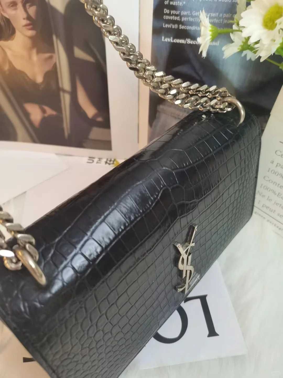 Nowe! YSL Sunset Black Crocodile Pattern Damska torebka na łańcuszku
