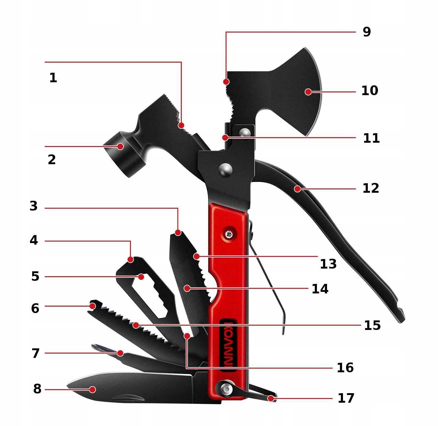 Multitool siekiera młotek śrubokręt otwieracz nóż survival 17 w 1