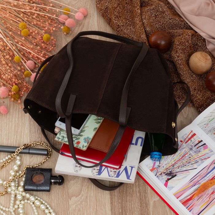 VERA PELLE torebka zamszowa shopper mała rozpinana V686 c.brązowa