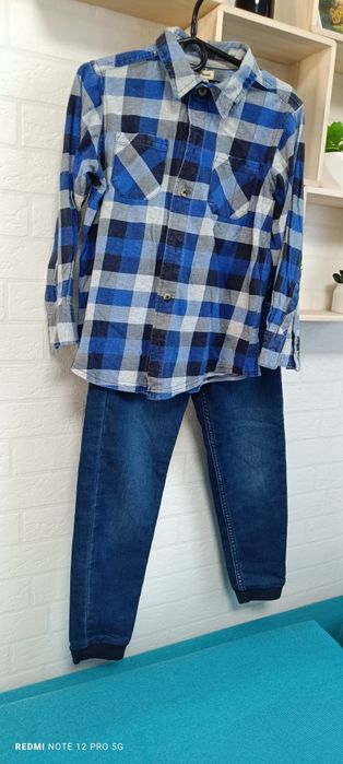 Koszula w kratę chłopięca +spodnie 128