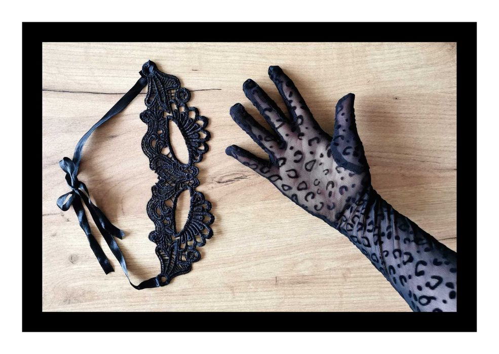 Zestaw: Rękawiczki w panterkę i koronkowa maska (uniwers.) #czarne