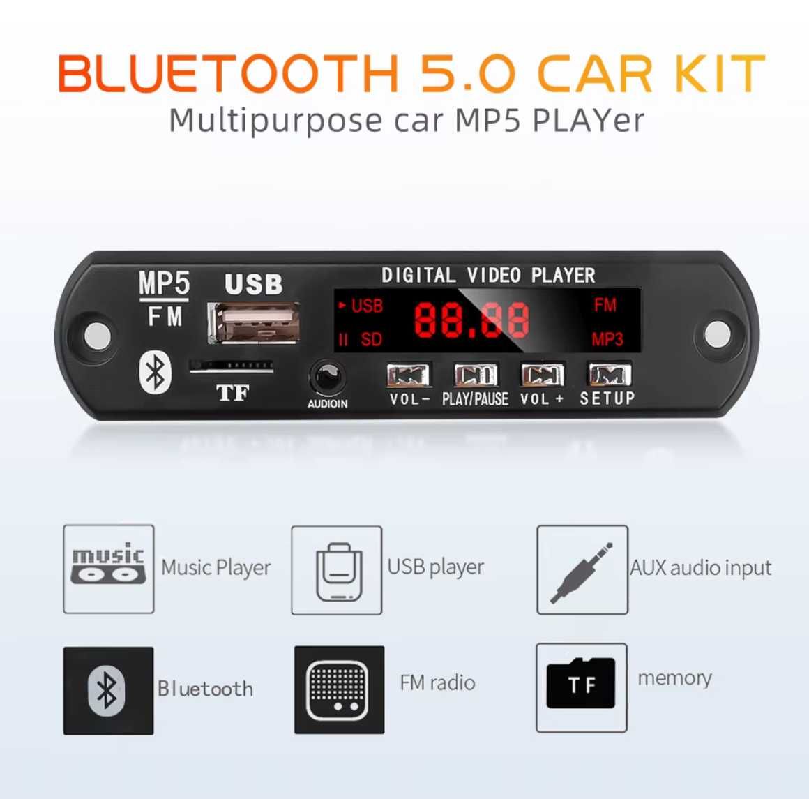 Bluetooth MP5 MP4 MP3 Декодер DC 12В 1080P HD Video Player FM AUX USB
