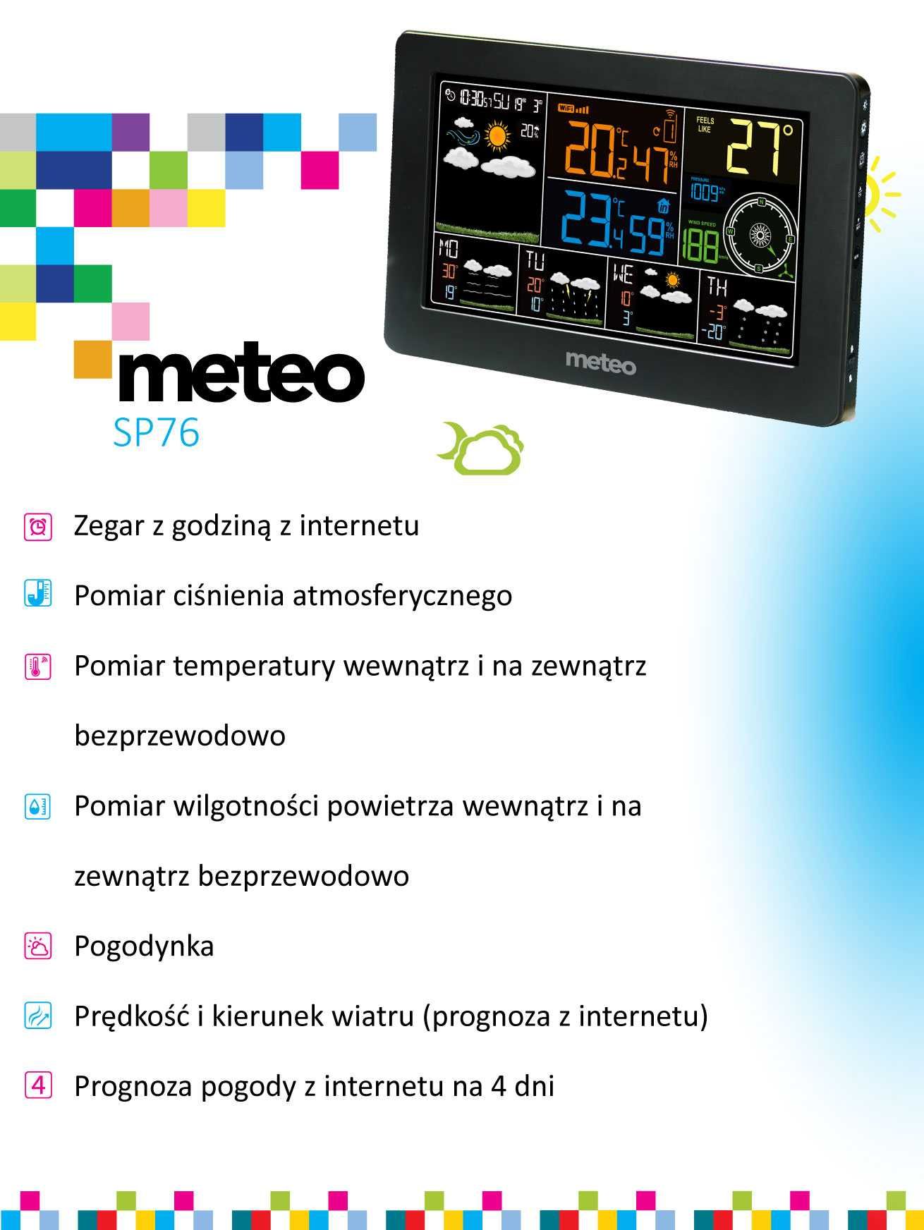 SP76 Meteo WiFi stacja pogodowa - kolor, zasilacz, czujka bezprz.