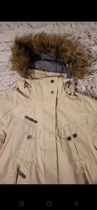 Husky damska kremowa ocieplana zimowa kurtka kaptur z futerkiem