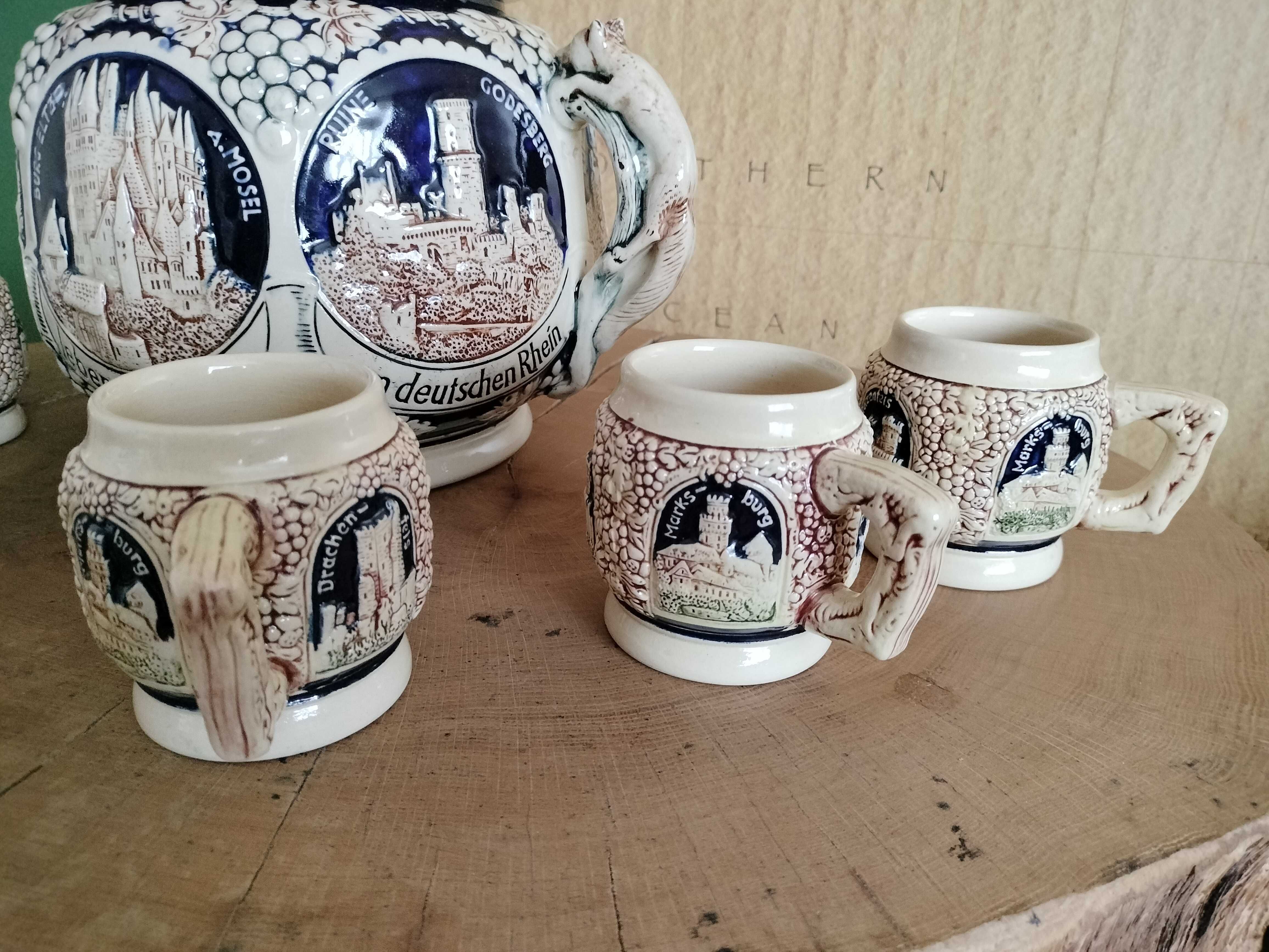 stary ceramiczny zestaw waza do ponczu+filiżanki handmade