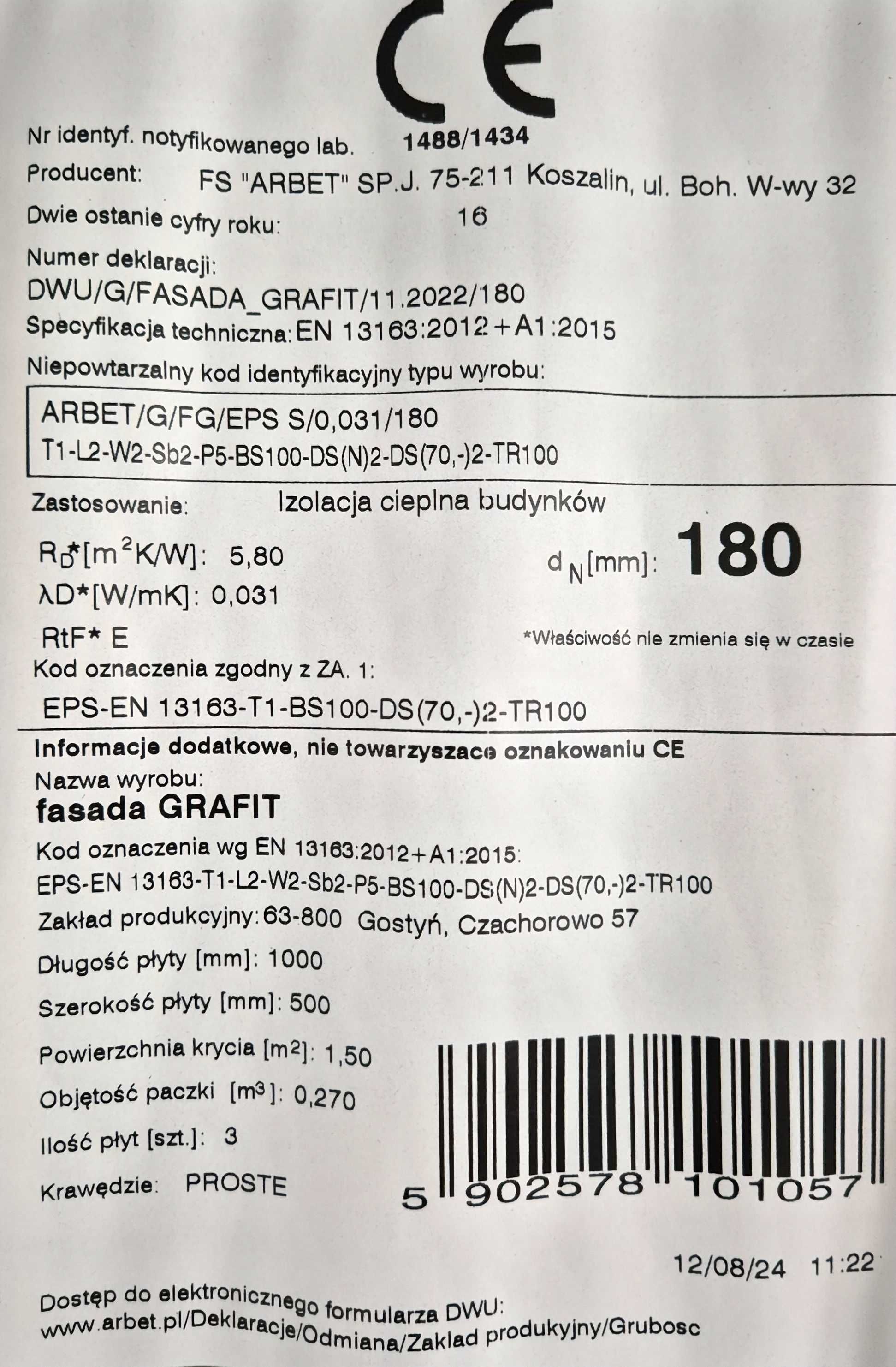 Styropian (EPS) ARBET fasada GRAFIT lambda 0,031 grubość 180 mm
