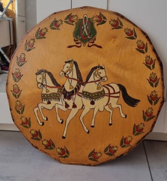 Duży obraz drewniany ręcznie malowany vintage prl retro folk