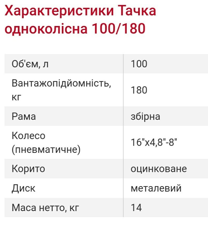 Тачка будівельна 100/180 одноколісна колесо 16"×4.8"-8"