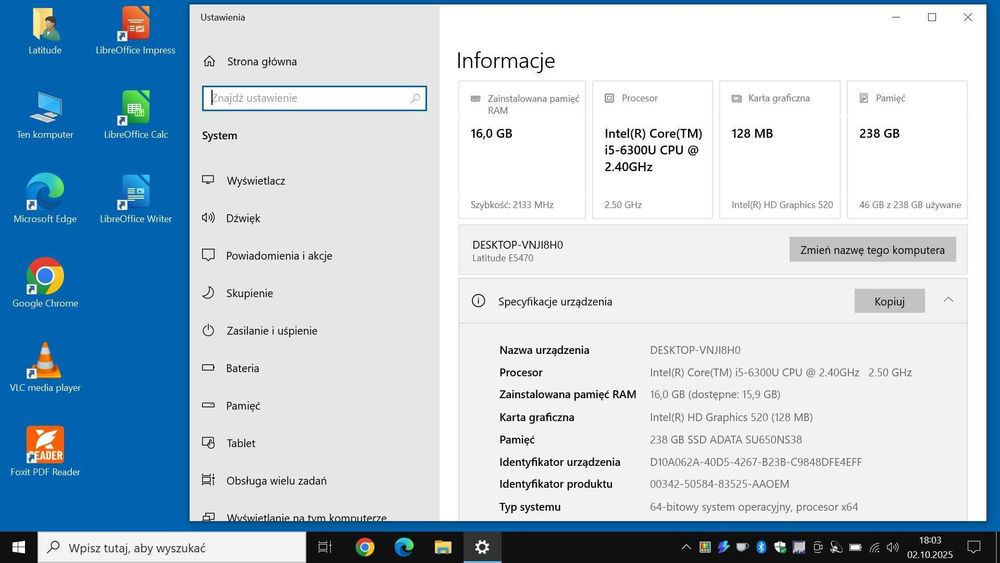 Laptop Dell Latitude E5470 i5-6300U/14" FHD/16GB RAM/240GB SSD +stacja