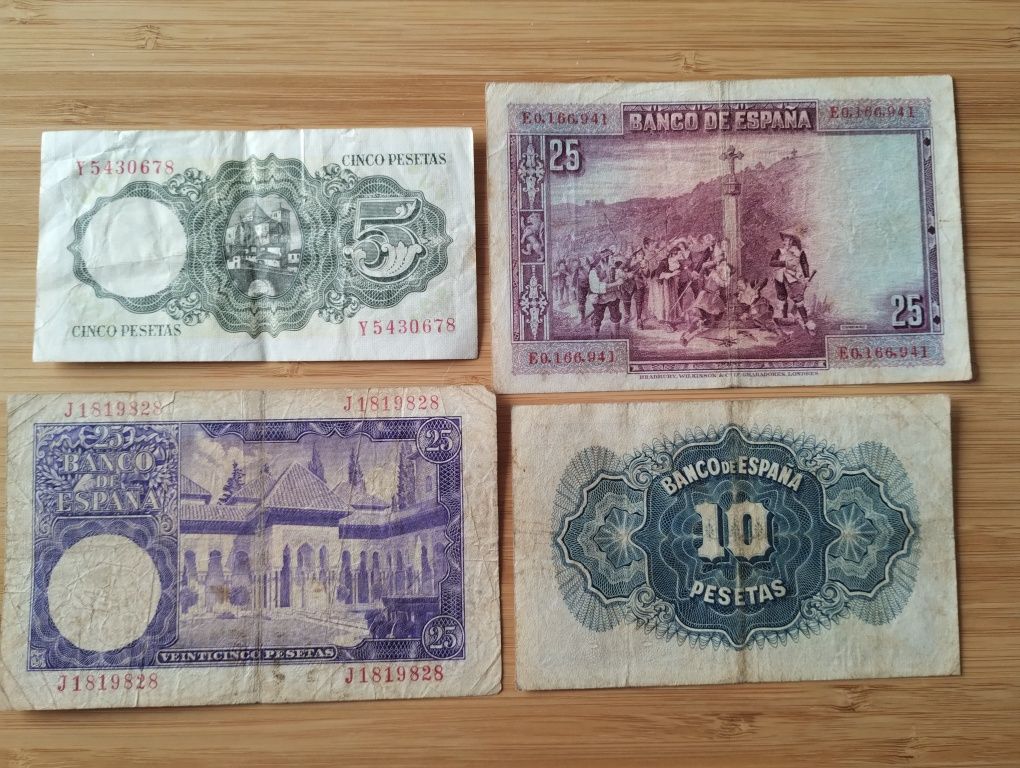 Banknoty, Hiszpania 5, 10, 25 pesetas, 1928, 1935, 1951 i 1954