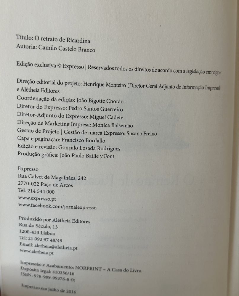 Livro “retrato de Ricardina “ - Camilo Castelo Branco
