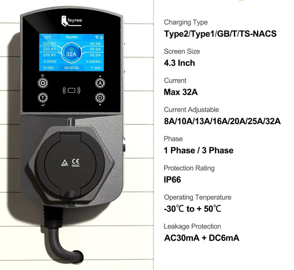 Станція зарядки електромобіля 22 кВт Type-2 Wi-Fi Feyree Draco