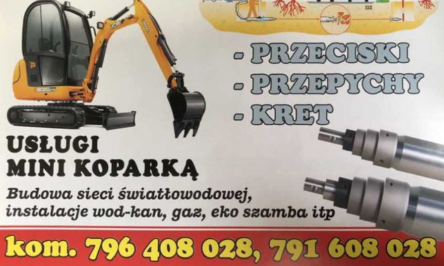 Usługi Mini Koparką, Koparką, Kop-Ładowarką (przeciski*gaz*eko-szamba)