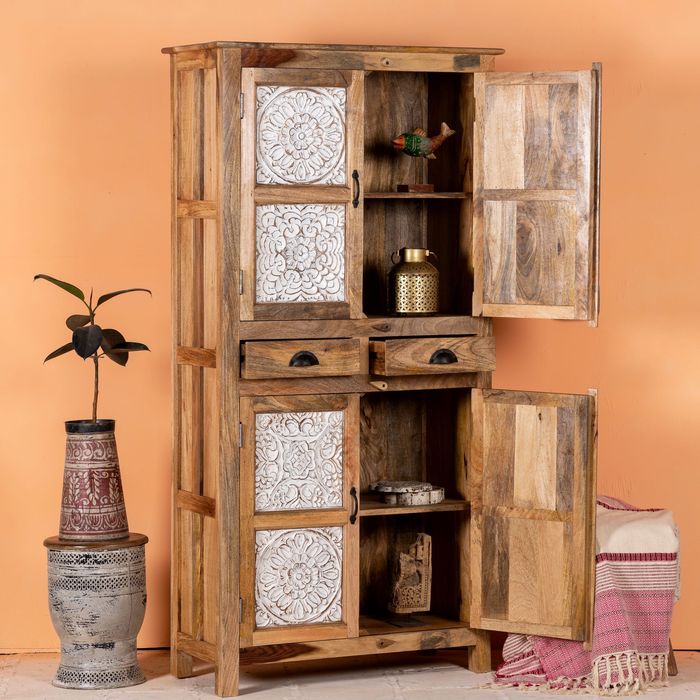 Szafa drewno mango bielona jasna szuflady szafka boho wiejski mandala