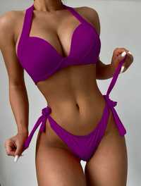 Fioletowy strój kąpielowy bikini fioletowe wiązane wiązania S