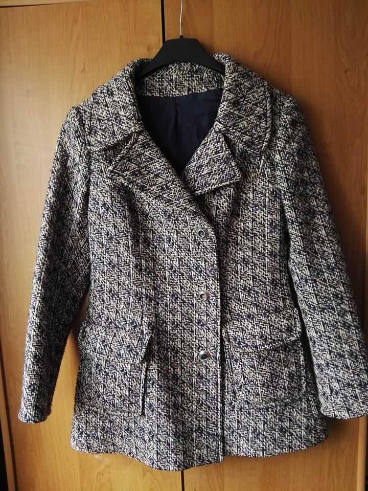 Płaszcz vintage wełna tweed s 36 klapy beżowy granat