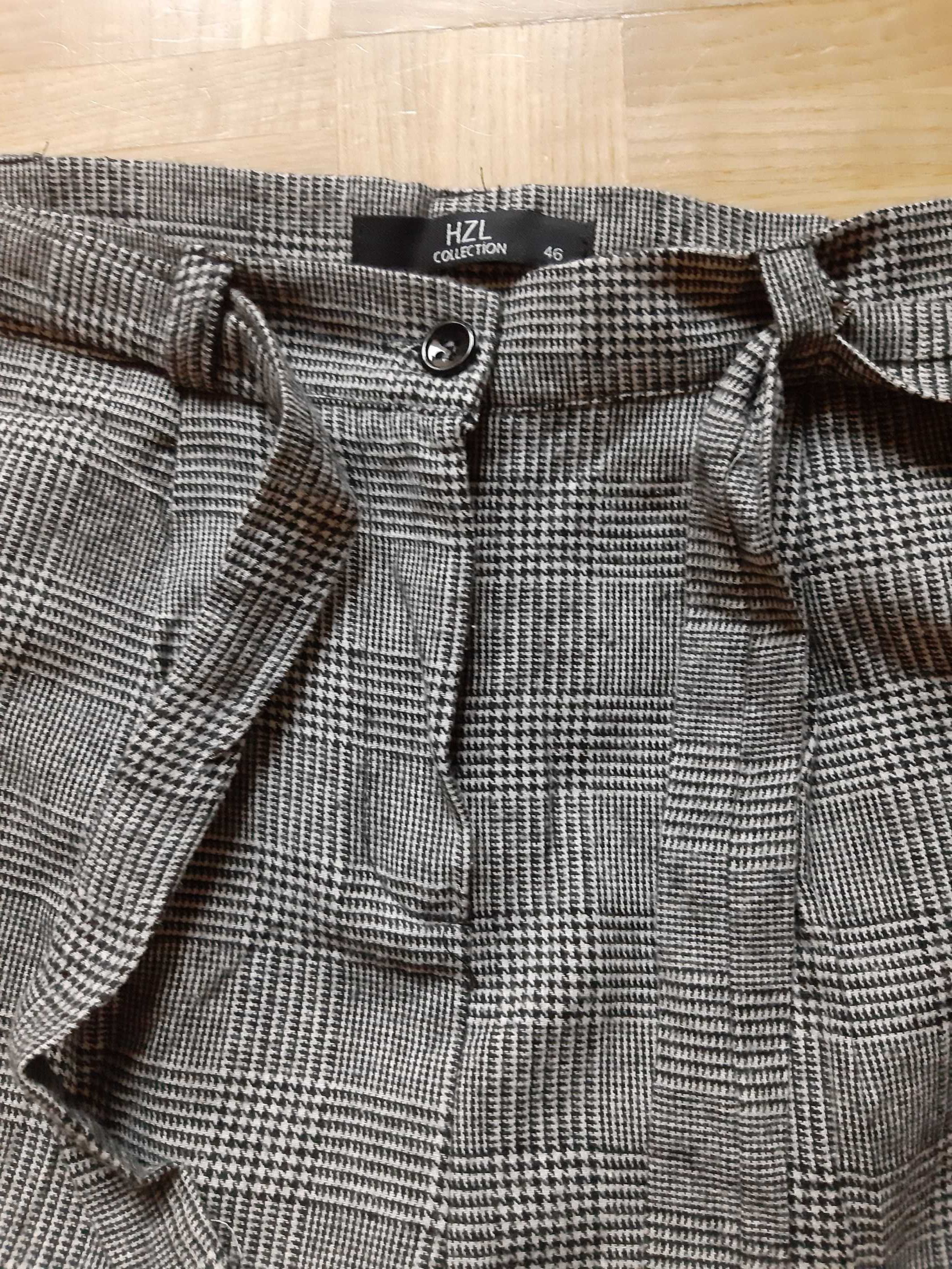 Spodnie w kratę z ozdobnym wiązanym paskiem, zwężane nogawki, nowe