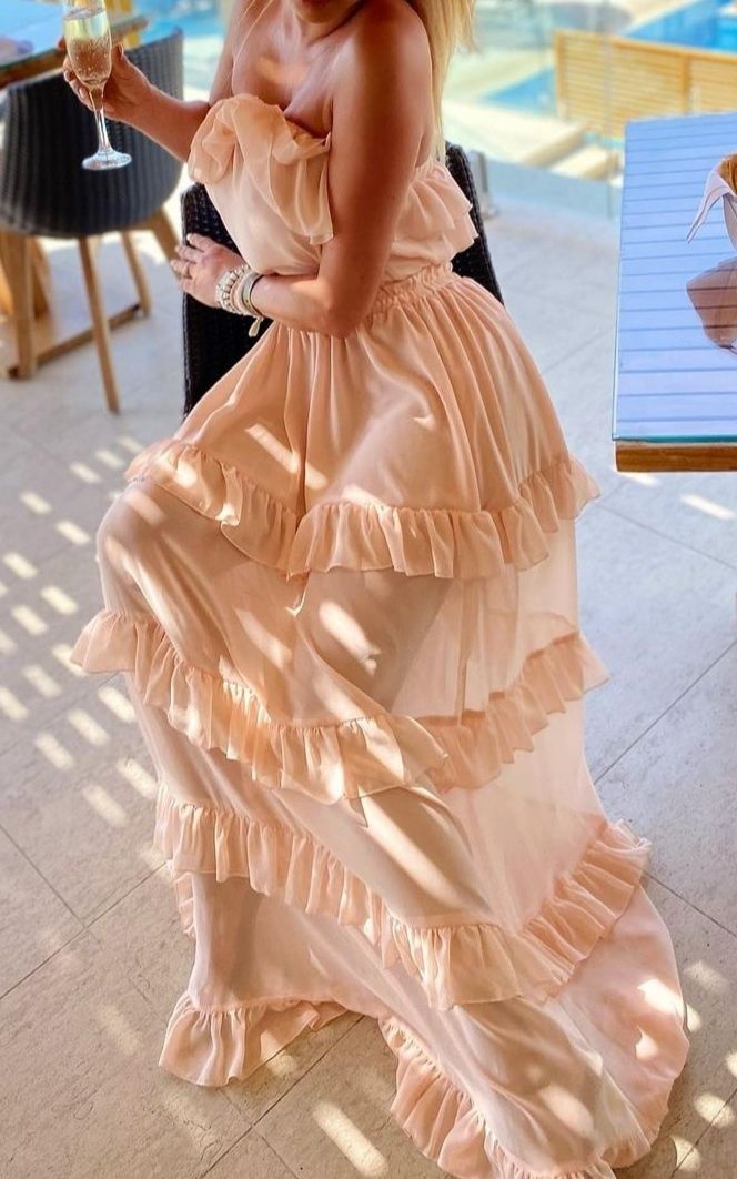 Just unique Larisa sukienka różowa łososiowa długa falbanki M/L szyfon