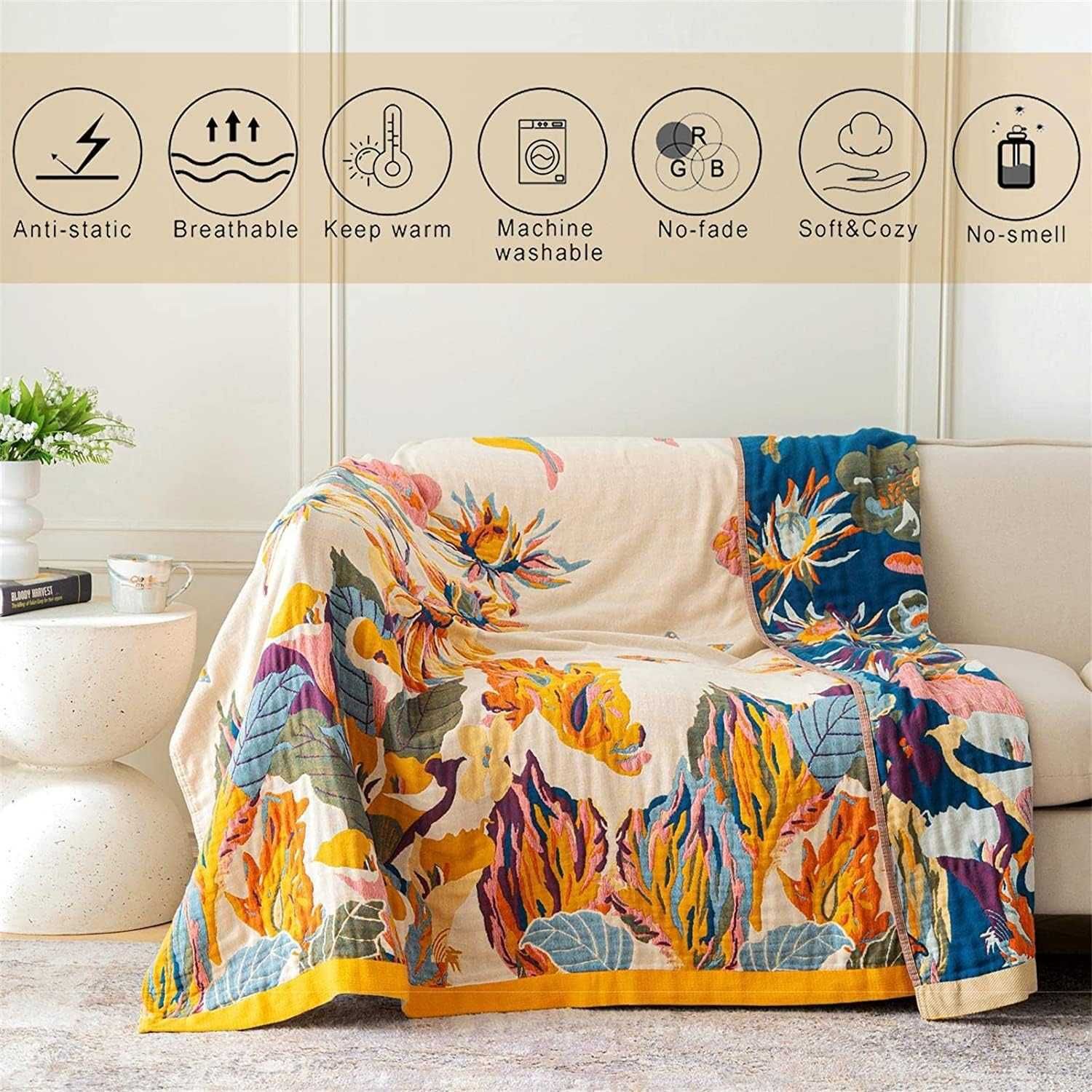 dwustronny koc bawełniany,  narzuta na łóżko w stylu boho 200 x 230 cm