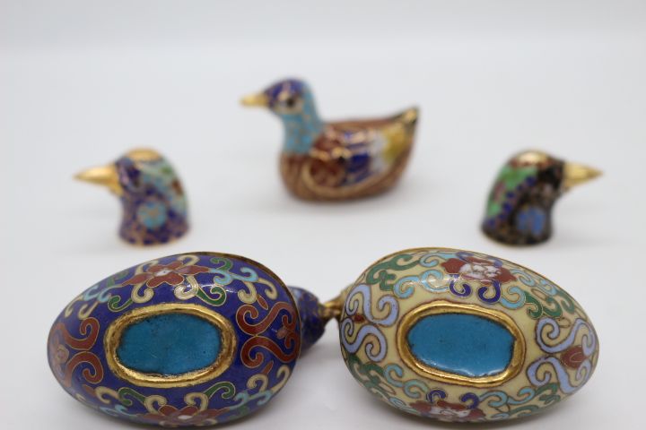 5 Peças Chinesas em Metal Cloisonné Codornizes, Patos e Pássaros