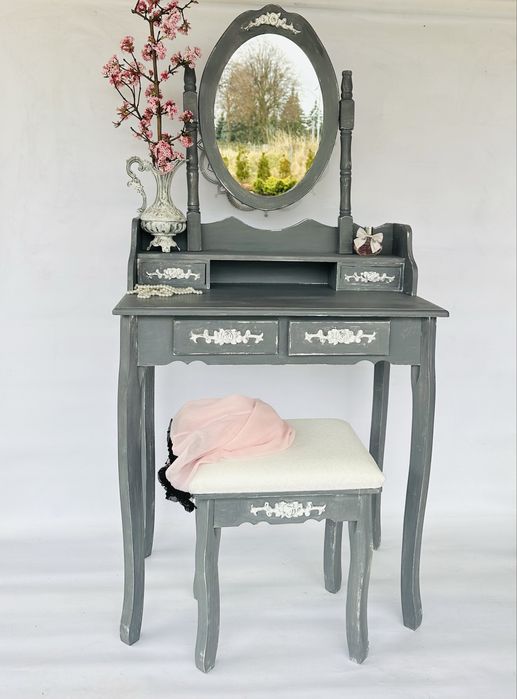 Toaletka z lustrem, szara, shabby chic, GRATIS stołek