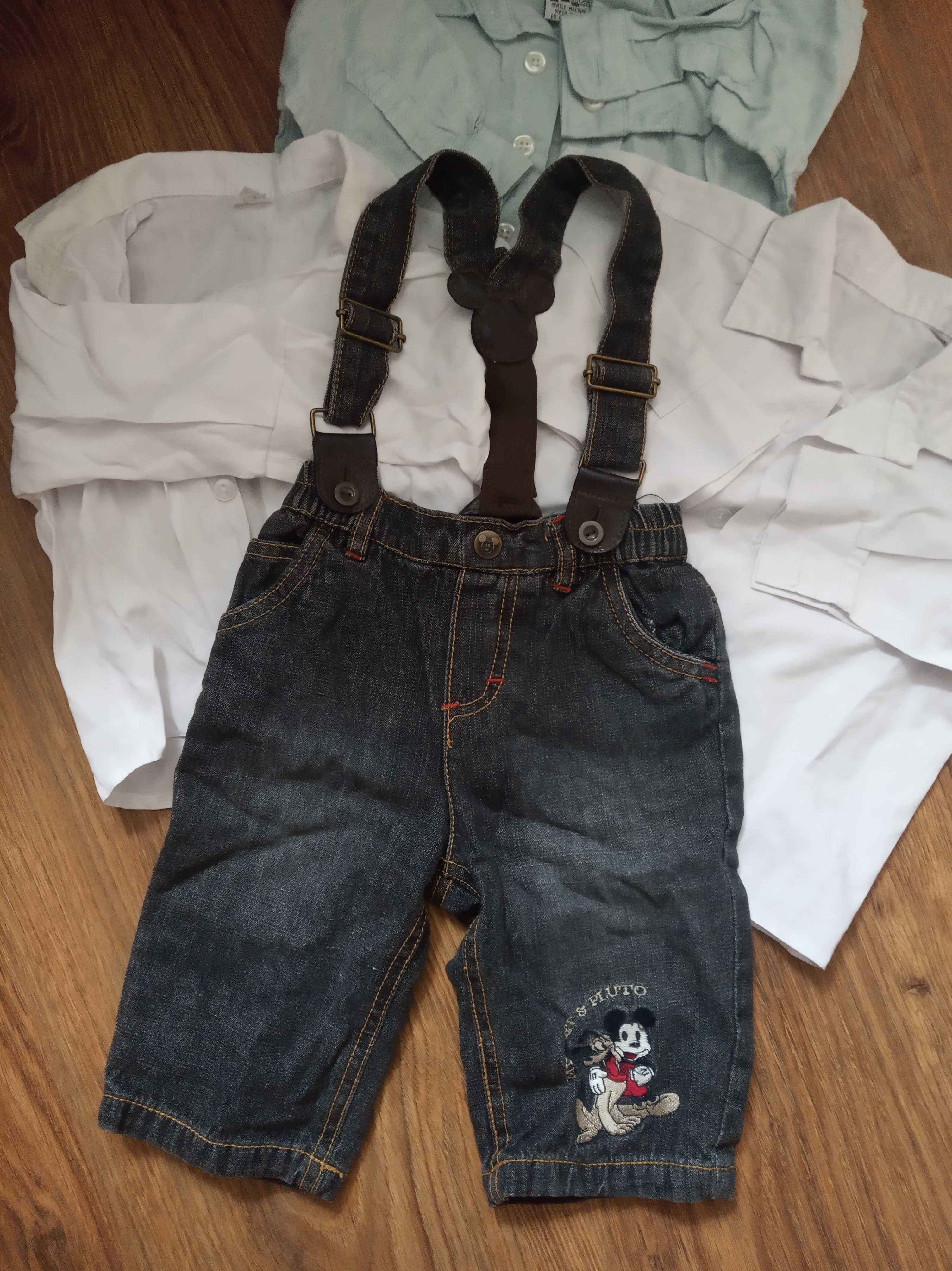 Trzy koszule i spodnie jeansowe na szelkach rozmiar 62-68