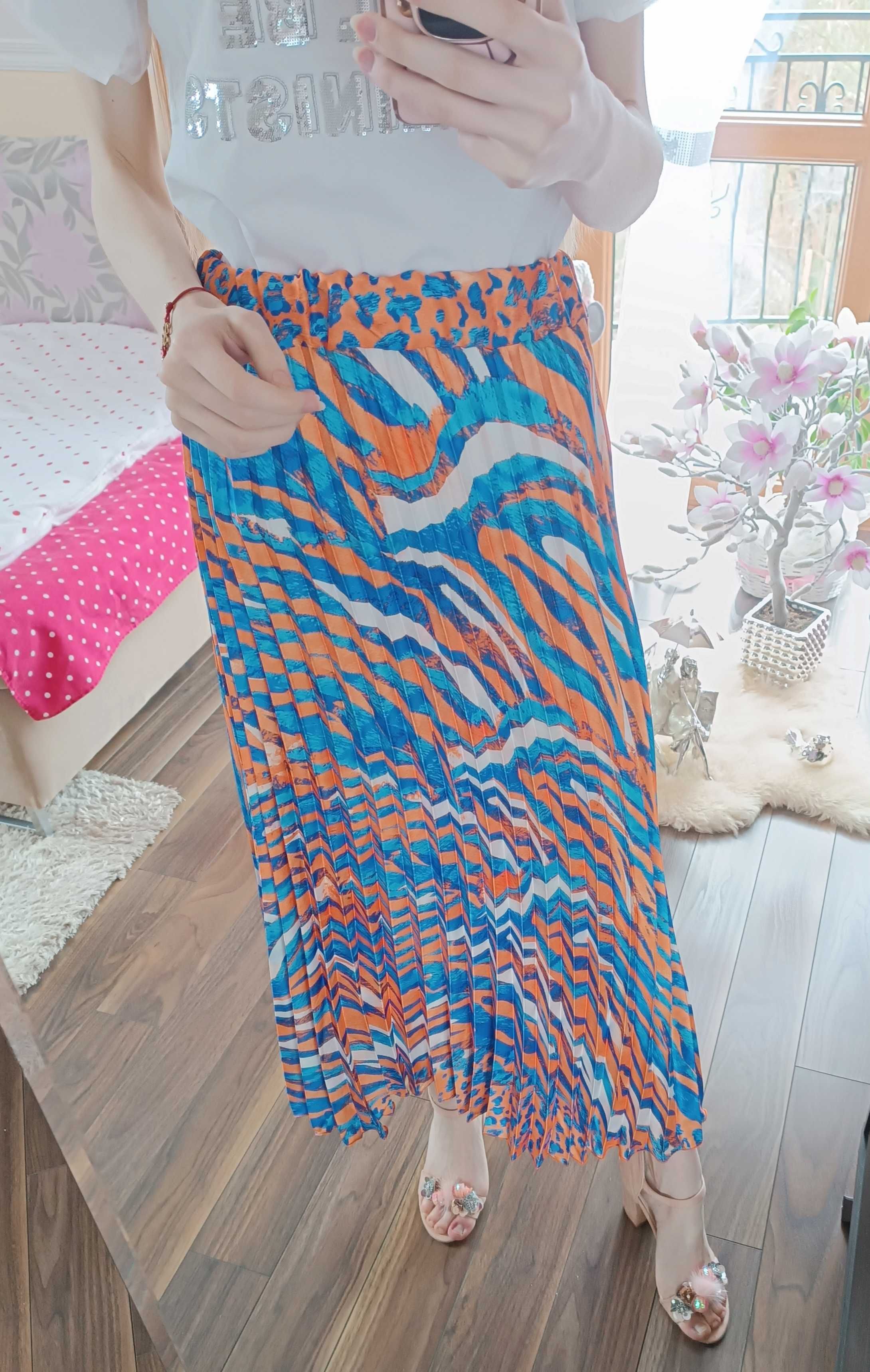 Spódnica maxi plisowana satynowa asymetryczna niebiesko-pomarańczowa