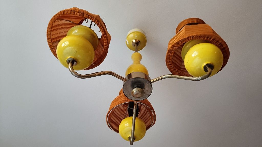 Lampa sufitowa PRL, żyrandol 3-ramienny PRL, stara lampa, vintage