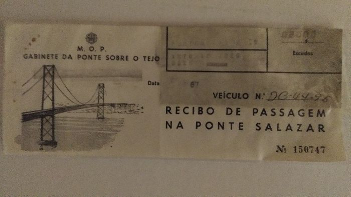 Recibo de passagem na Ponte Salazar