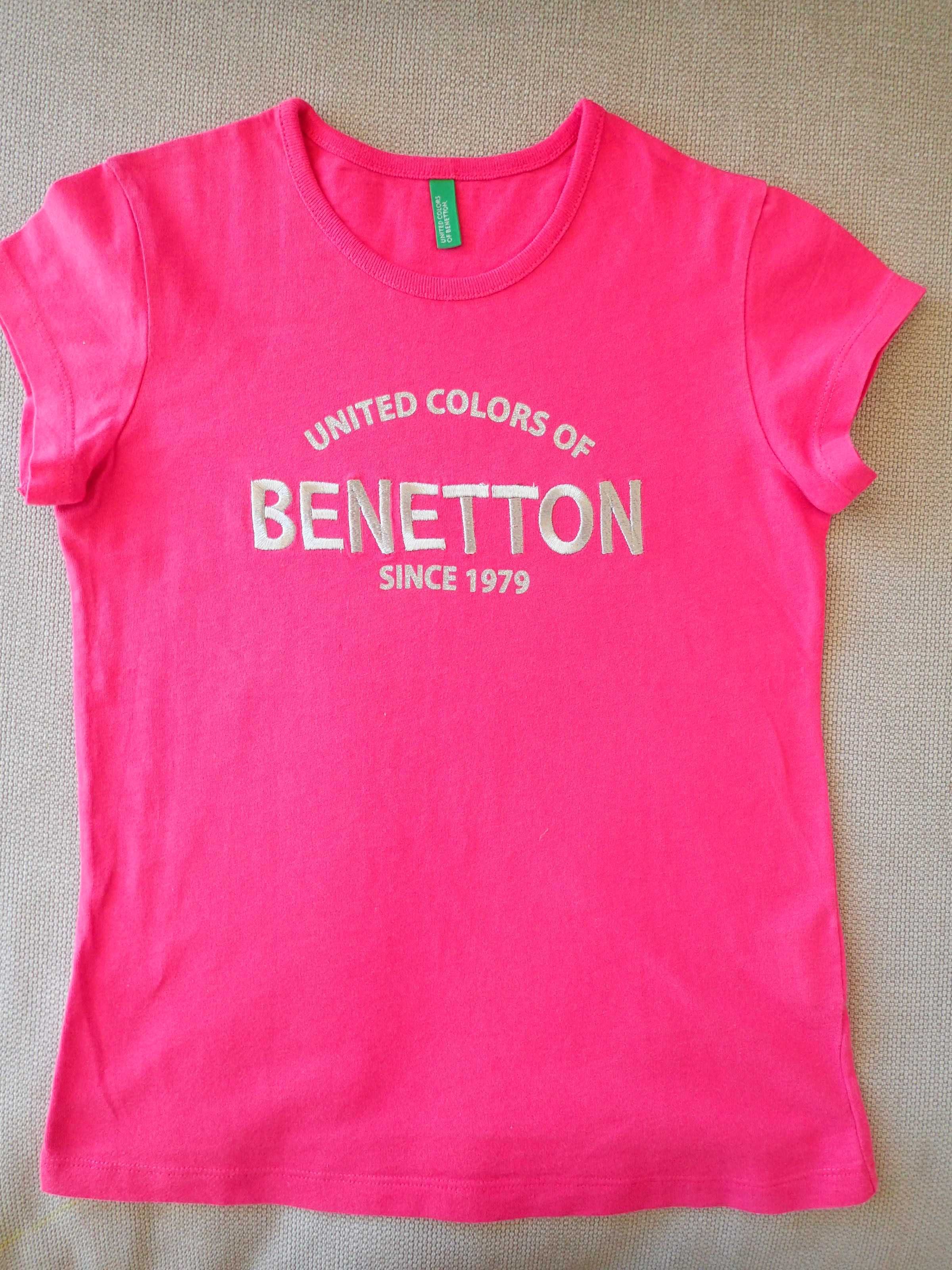 Benetton różowy T-shirt 130 cm M wyszyty napis