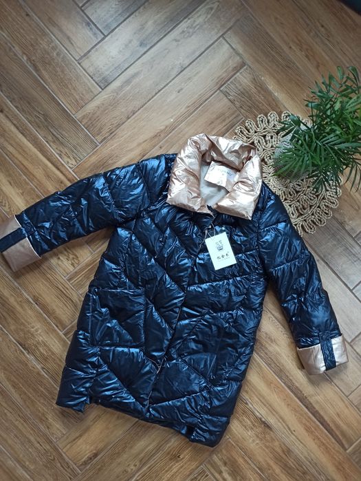 Metaliczna zimowa ciepła kurtka z kołnierzem rozmiar M/38 granatowa