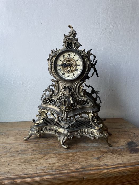 Stary mosiężny zegar kominkowy antyk vintage PRL