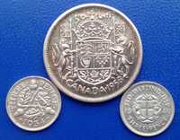 Монети: Канада 50 центів 1958, Англія 3 пенси 1934,1940. Срібло.