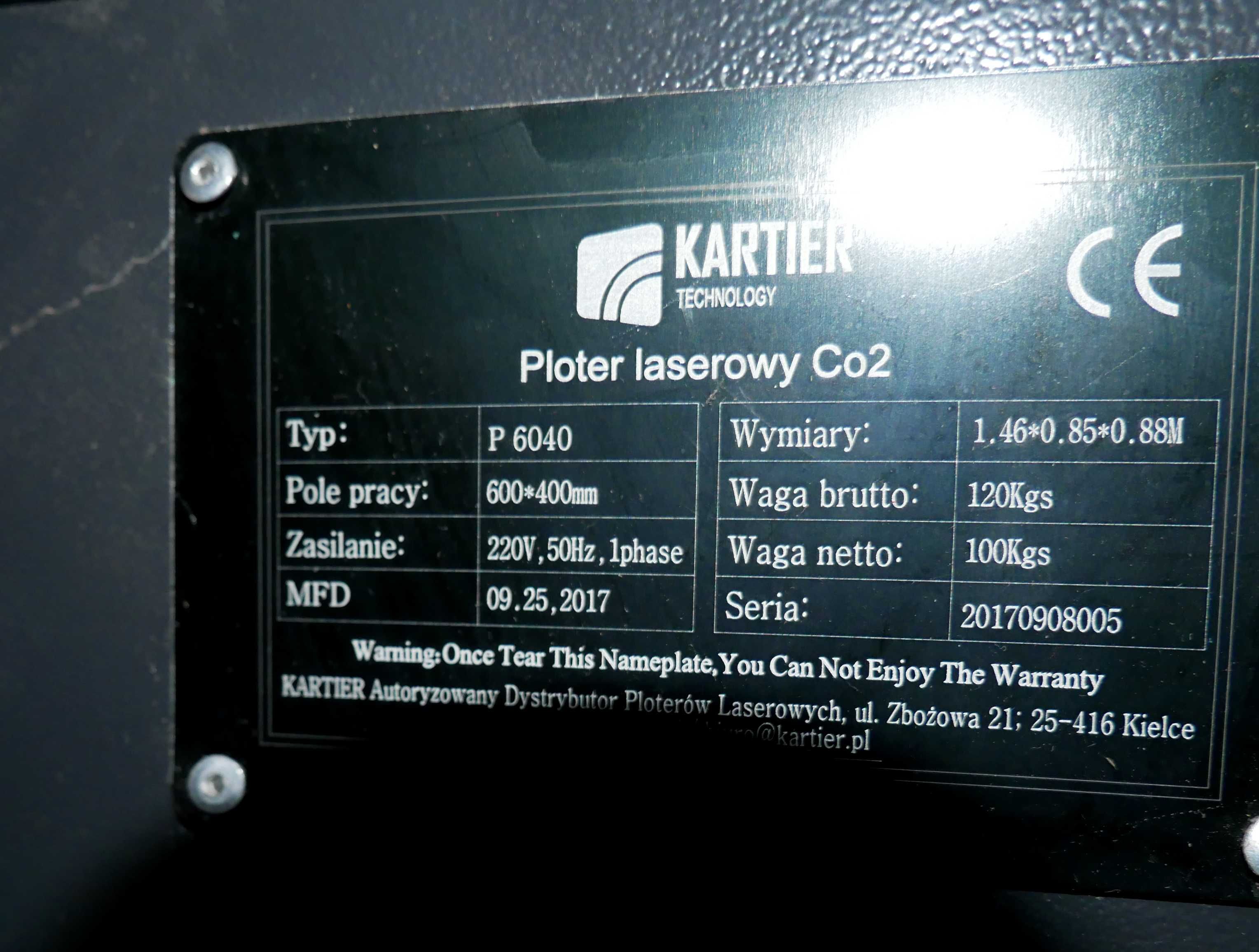 Ploter laserowy CO2 Kartier P6040 – 600×400 używany, w pełni sprawny