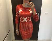 Czerwona welurowa sukienka mini, nordycki wzór, rozmiar S/36