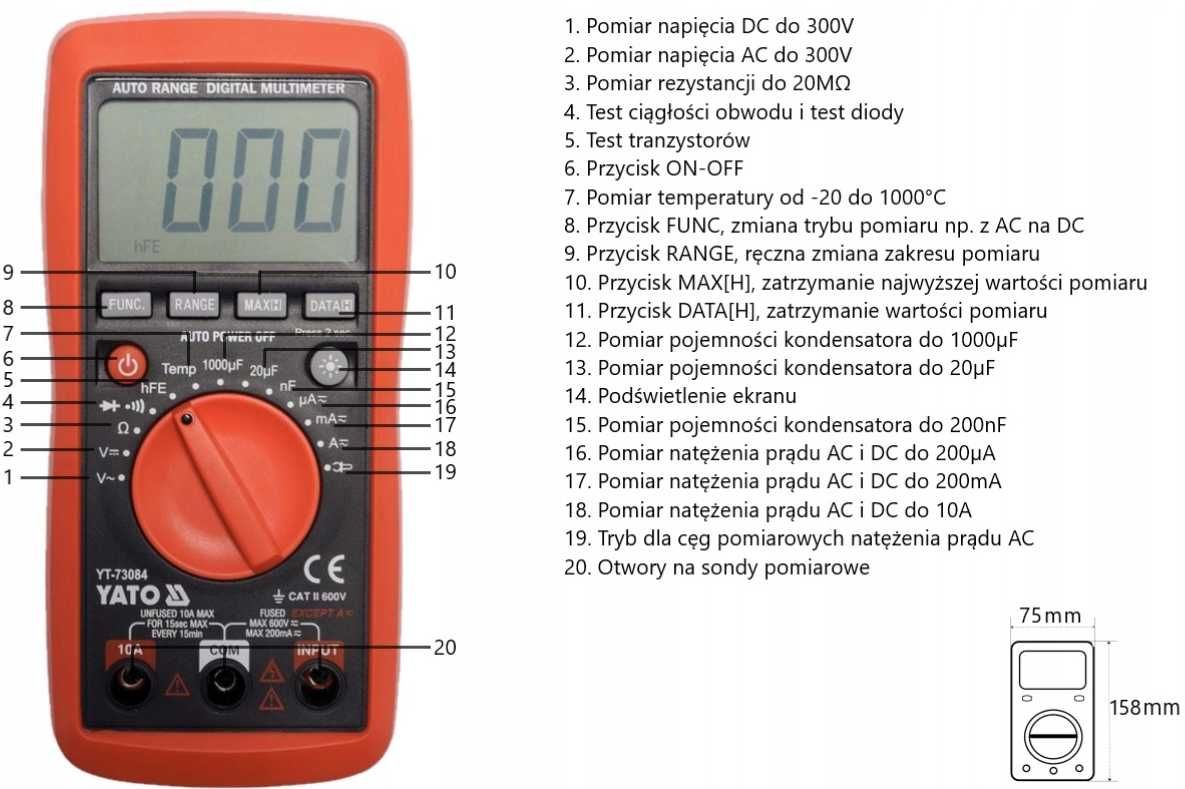 Miernik Multimetr cyfrowy automatyczny zakres YATO YT-73084