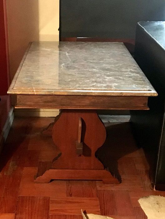 MESA de PEDRA e MOGNO maciço - antiga - 103x55x51 cm/s