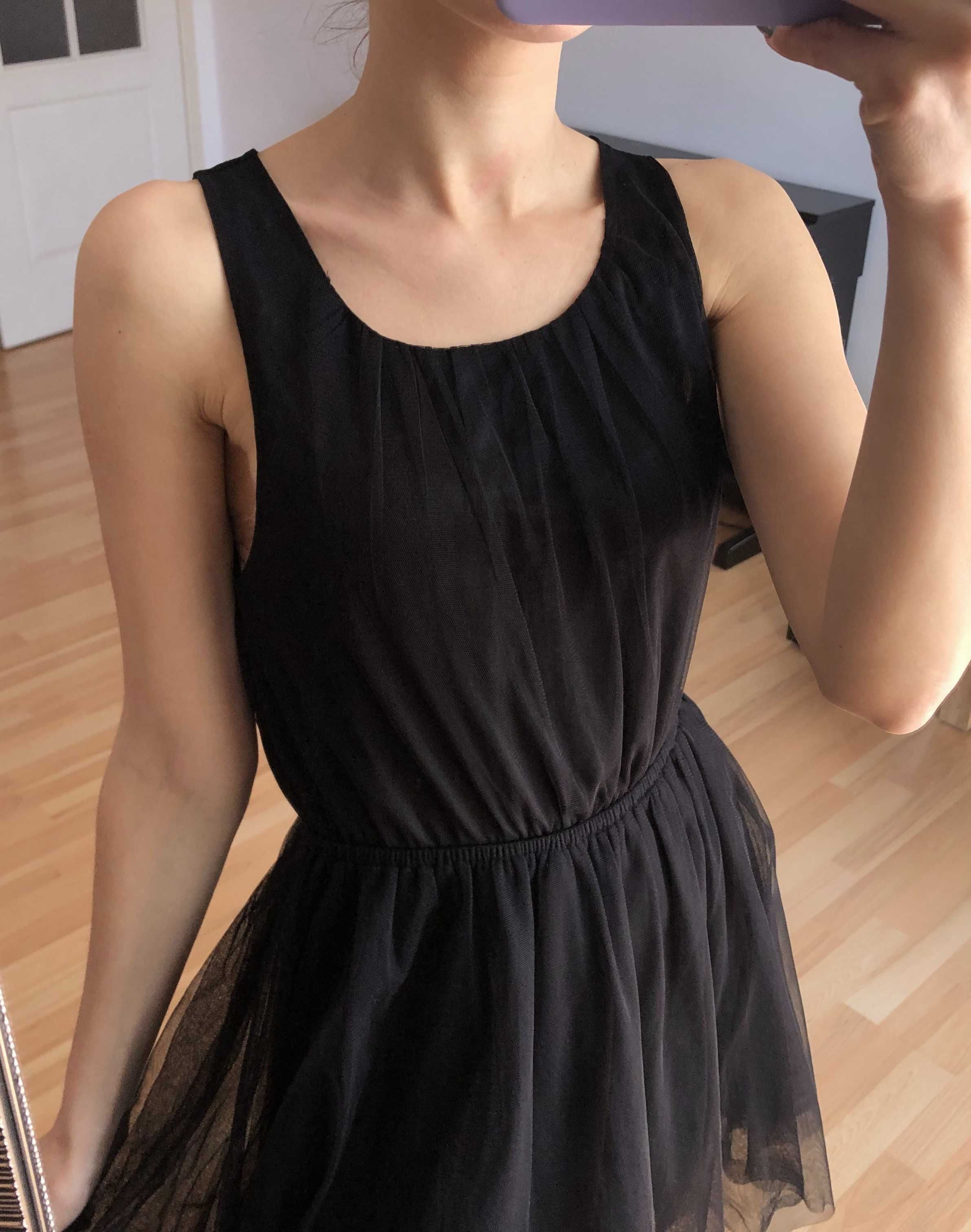 Czarna tiulowa sukienka mini, mała czarna, z gumką w pasie, H&M