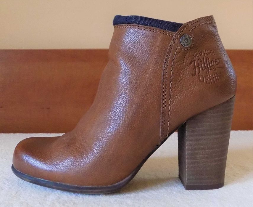 Brązowe skórzane botki damskie na obcasie, Tommy Hilfiger, rozm. 38