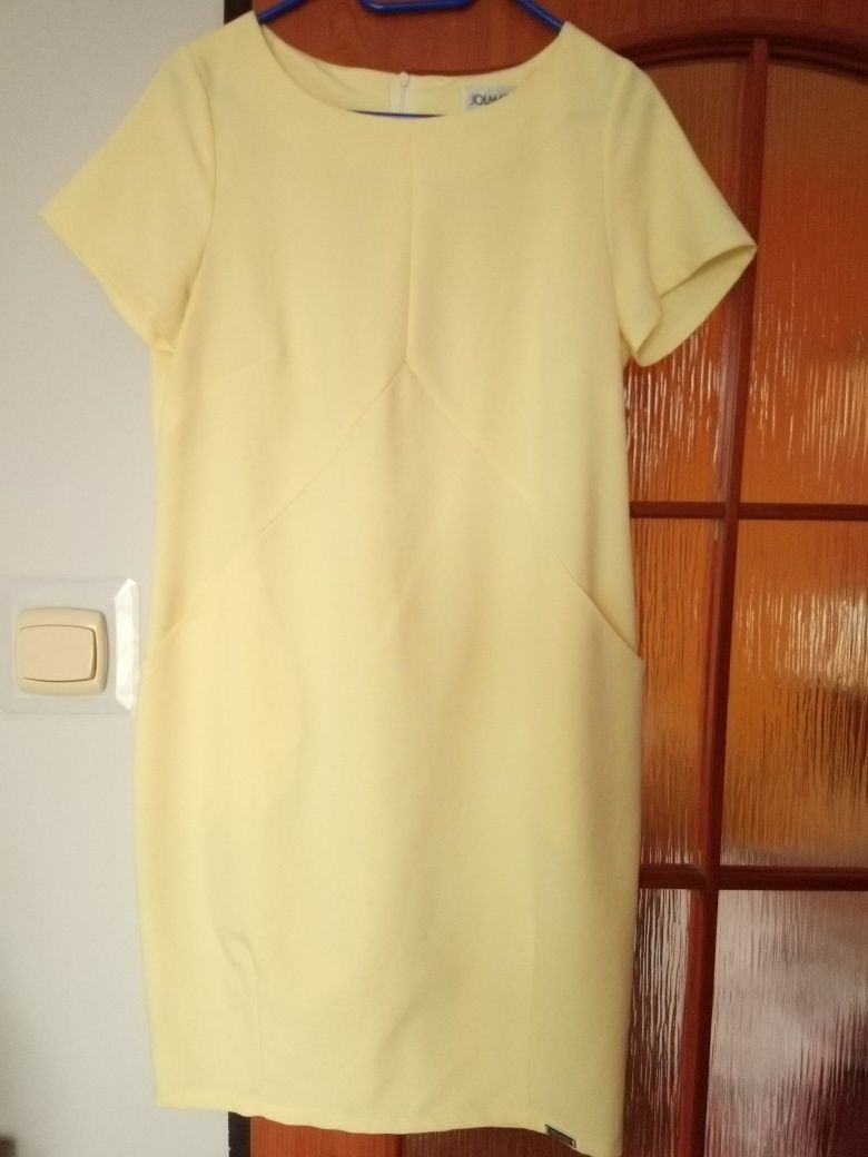 Sukienka żółta, kieszenie, elegancka