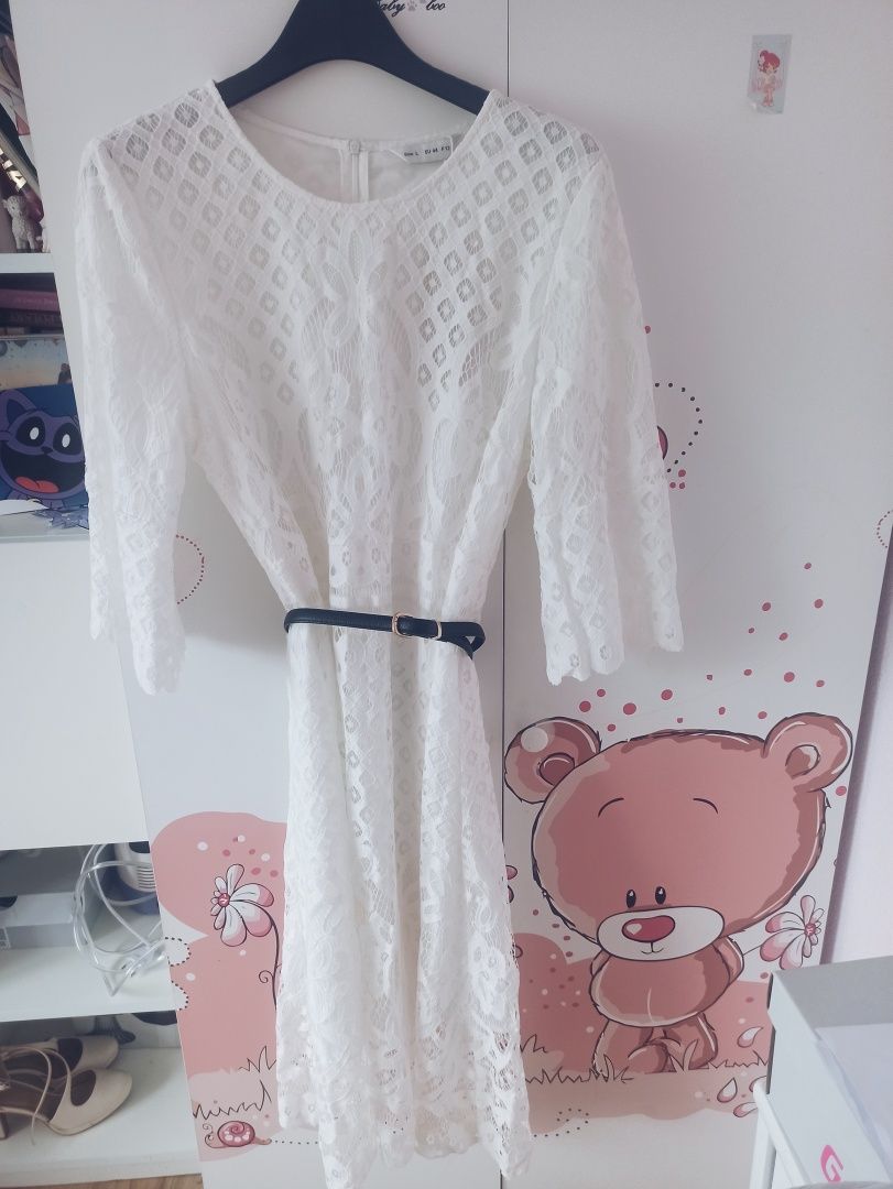 Nowa Biało Kremowa Ażurowa Sukienka midi, boho L