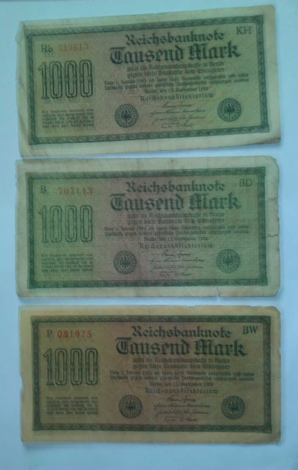 Banknoty niemieckie o nominale 1 000 Marek z 1922 r.