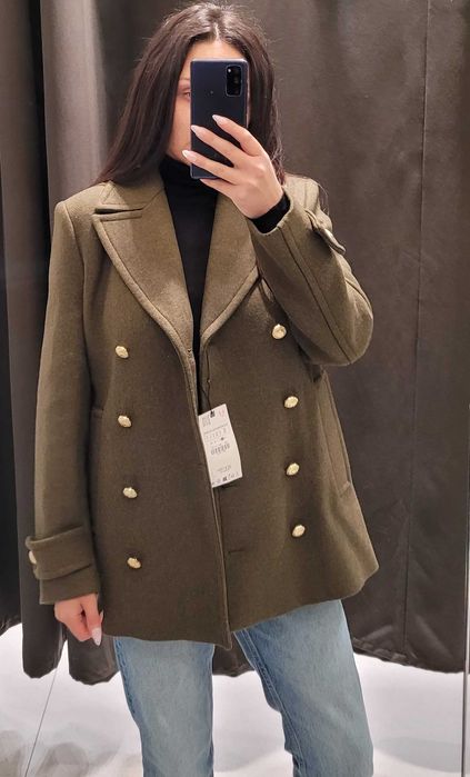 khaki płaszcz kurtka Zara 50% wełna wool S 36 M 38 złote guziki