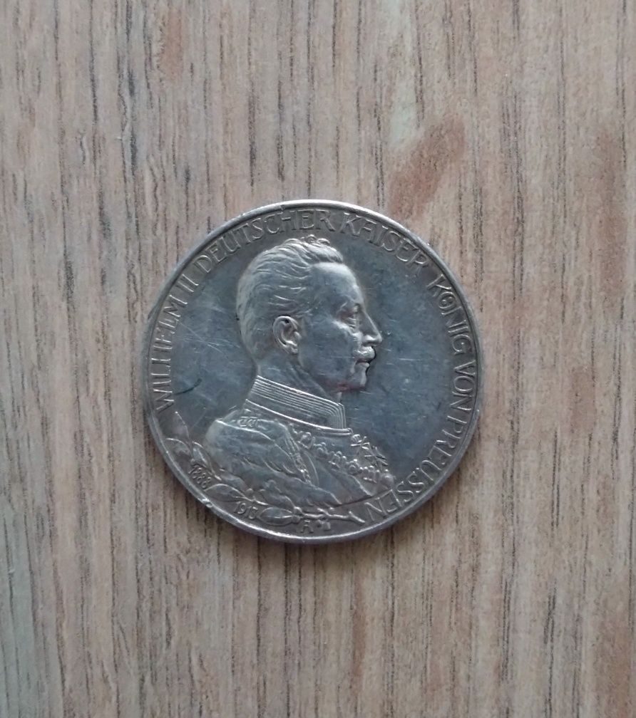 Niemcy 3 marki 1913 r. Wilhelm II 16,67 g Srebro 900. Piękna