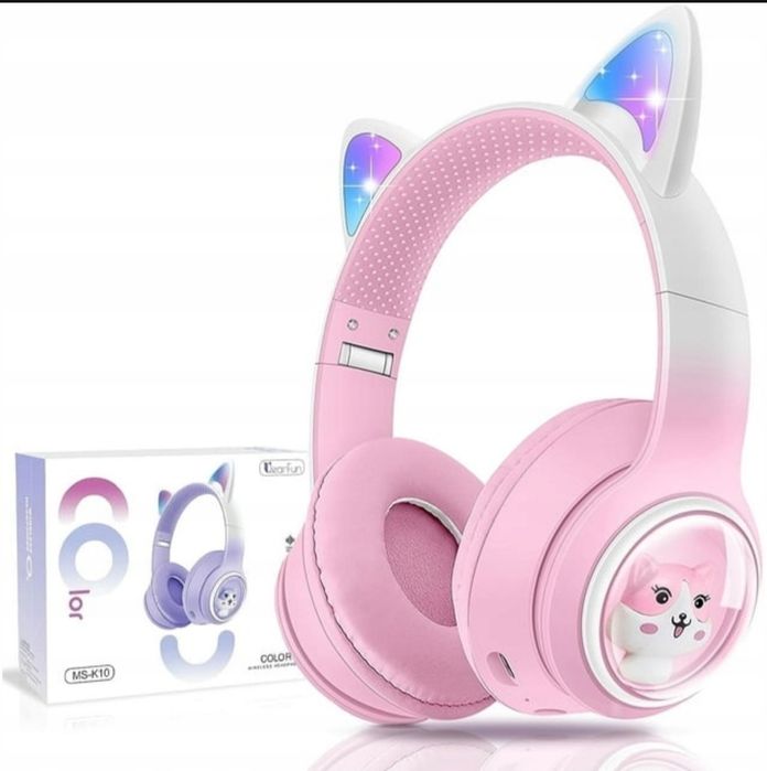 QearFun Słuchawki Dziecięce Bluetooth LED Kot 3.5mm Mikrofon RÓŻOWY