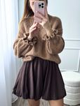Sweter z wełną brąz oversize falbana rękaw wiskoza ciepły na wiosnę
