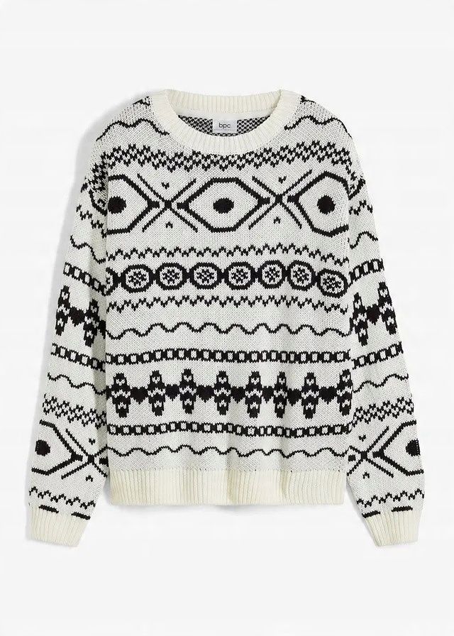 B.P.C sweter śmietankowy z czarnym norweskim wzorem r.48/50