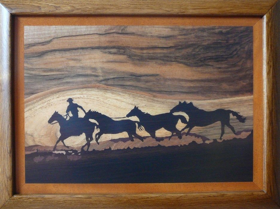 Konie na prerii - Obraz Intarsja - Obrazy Drewnem Malowane - Intarsje