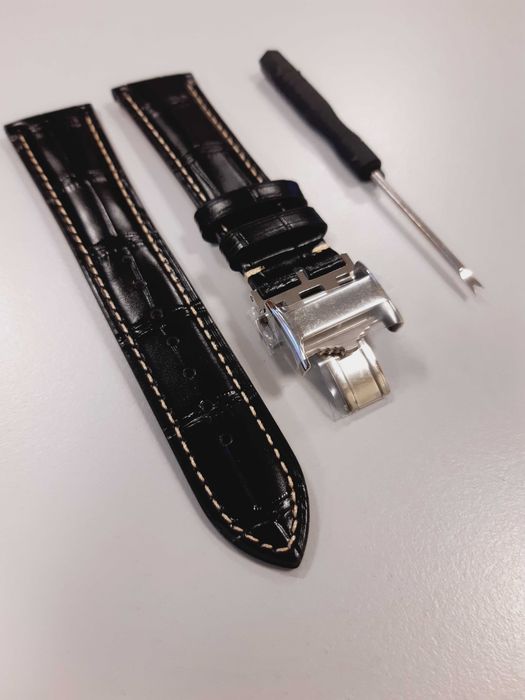 Pasek skórzany do zegarka 21mm Longines czarny z klamrą motylkową