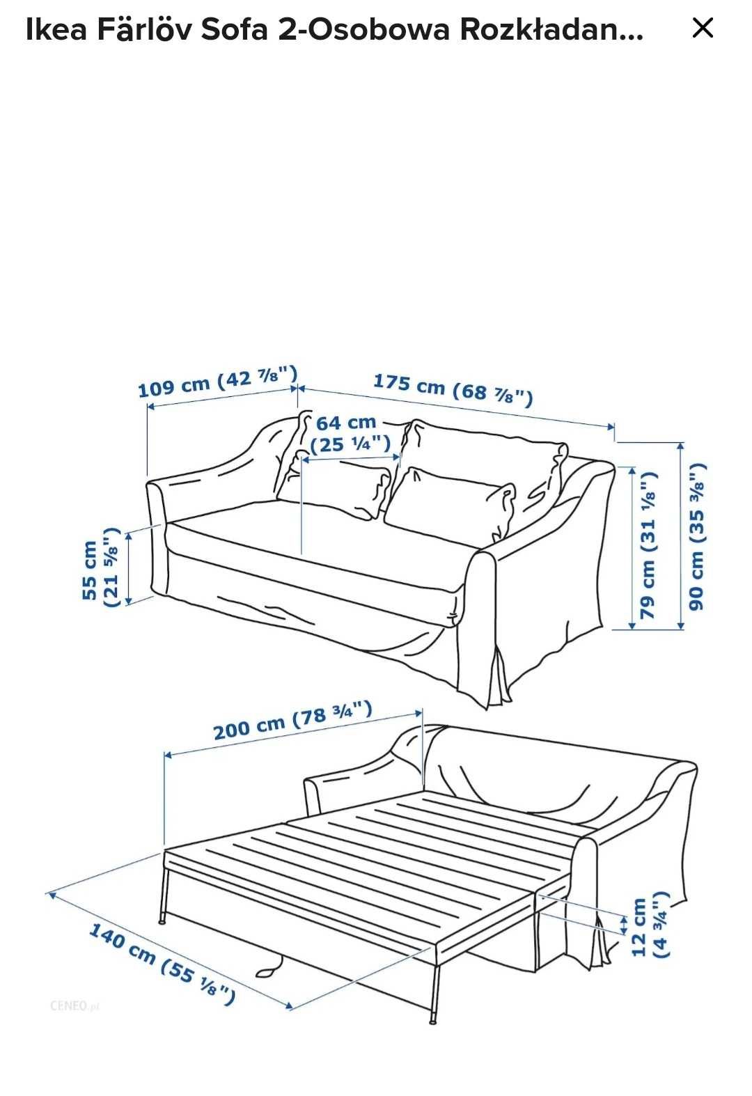 Kanapa rozkładana 2-osobowa, podnóżek schowek Ikea Farlov welurowa